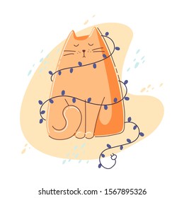 Cute illustration with funny cat and garland. Holiday hand drawn image 