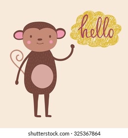 Cute illustration of funny monkey, who say "hello".