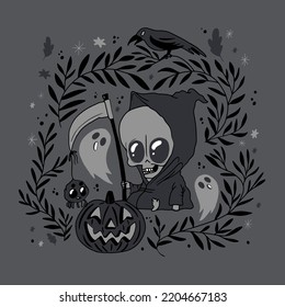 Cute illustration of a funny monster with a scythe, pumpkin and haunted, doodle style drawing on a dark background