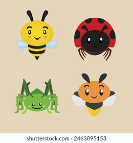 Cute Illustration of Garde Animas Bee, Ladybug, Grasshoppers and Fireflies