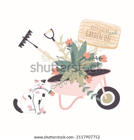 Cute illustration with garden tools and a cat. Working, growing and caring for plants and vegetables. Hand drawn cartoon style with lettering - keep calm and garden on. Vector