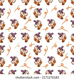 cute illustration of ghost wearing wizard hat skateboarding seamless pattern