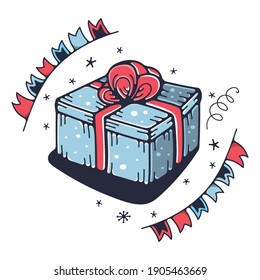 Ilustración con una caja de regalo. Aislado sobre un fondo blanco. Ilustraciones del doodle vectorial.
