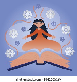 Cute illustration with a girl appearing from a book surrounded with snowflakes. Purple background. Flat style illustration.