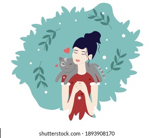 Cute illustration of a girl with a cat
