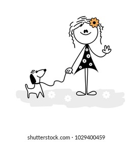 Cute illustration girl with dog