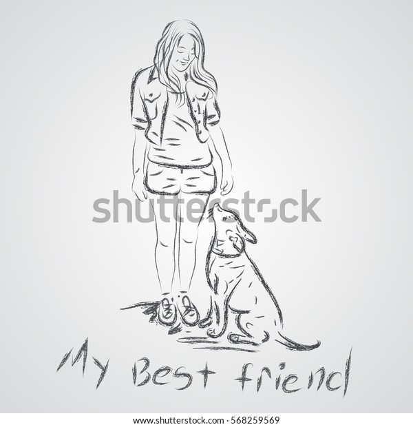 Cute Illustration Girl Dog Sketch Stock Vector Royalty Free