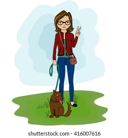 cute illustration girl with dog walking outdoor. street style and glasses. Story about love dogs, pet care