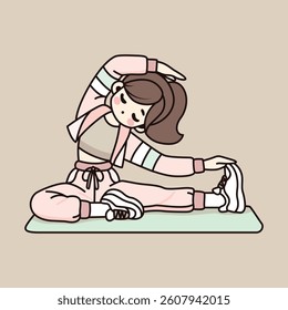 Cute illustration of a girl doing a seated stretch on a mat. Perfect for fitness, self-care, wellness, and healthy lifestyle themes.