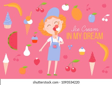 Cute illustration of a girl eating ice cream and other sweets set