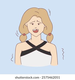 A cute illustration of a girl nervously reacting after losing a tooth. Captures a relatable childhood moment with humor and charm