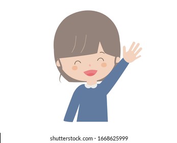 A cute illustration of a girl raising her hand with a smile.