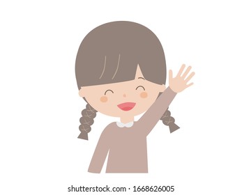 A cute illustration of a girl raising her hand with a smile.