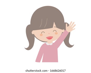 A cute illustration of a girl raising her hand with a smile.