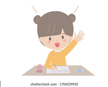 A cute illustration of a girl raising her hand during class.
