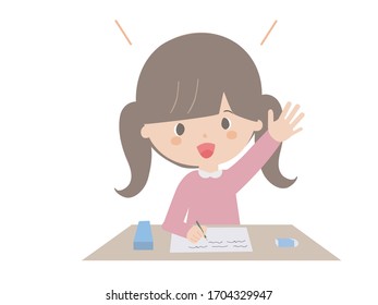 A cute illustration of a girl raising her hand during class.
