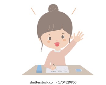 A cute illustration of a girl raising her hand during class.
