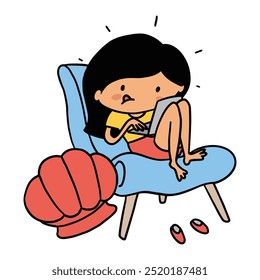 Una linda ilustración de una niña sentada en una silla azul, enfocada en su tableta. Ella parece relajada y comprometida, con una expresión lúdica. La escena captura un ambiente interior acogedor, perfecto para la épica