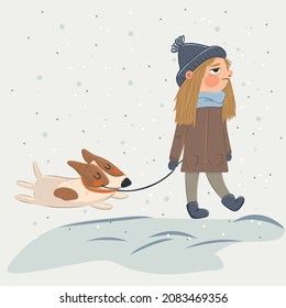 Cute illustration of a girl walking a dog