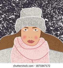 Cute illustration of a girl in winter clothes. Illustration with added texture. A poster or banner. Winter season.