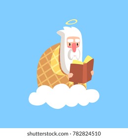 Cute illustration of god character wrapped in plaid reading book. Christian religious theme for children. Flat cartoon vector icon isolated on blue