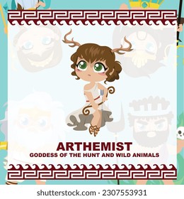 Cute illustration of the Goddess of the hunt and wild animals. Greek Gods and Goddesses flashcard collection. Ancient Greece mythology. Greek deity theme elements. Vector file. 