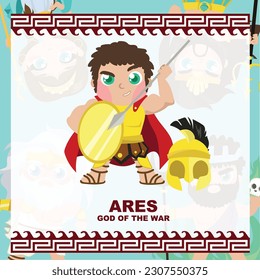 Cute illustration gods of the war. Greek God and Goddess flashcards collection. Ancient Greece mythology. Greek deity theme elements. Vector file. 