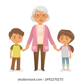 cute illustration of a grandmother holding hands with her grandchildren, a boy and girl. Family and bonding concept between children and elderly people. Cartoon character.