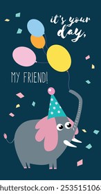 A cute illustration of a gray elephant wearing a polka-dotted party hat, holding colorful balloons, surrounded by confetti on a teal background, spreading joy and festivity.