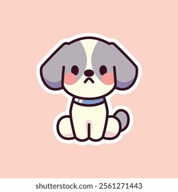 Cute illustration of a gray and white puppy sitting on a soft pink background. Perfect for pet-themed designs or children’s decor. Playful and heartwarming.