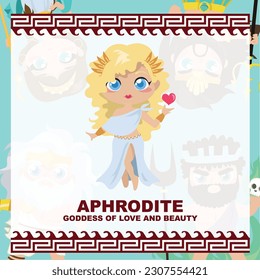 Cute illustration of the Greek goddess of love and beauty. Greek Gods and Goddesses flashcard collection. Ancient Greece mythology. Greek deity theme elements. Vector file. 