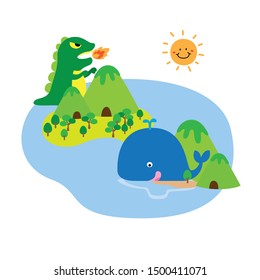 Cute illustration green monster and blue whale on the islands. Children illustration.