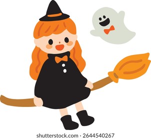 Cute illustration of Halloween witch and ghost