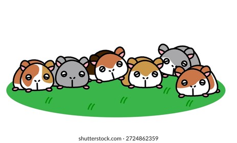 Una linda ilustración de hámsteres tendidos en una fila en la hierba.
