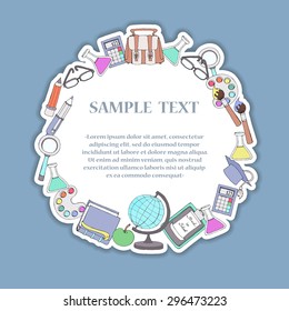 Cute illustration of hand drawn decorative frame with symbols of school. Frame on the theme of education. Vector background for use in design