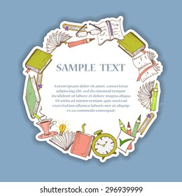 Cute illustration of hand drawn decorative frame with books. Frame on the theme of education. Vector background for use in design