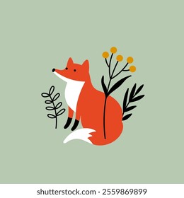 Cute illustration with hand drawn fox with branches and leaves on green background. Vector illustration with forest animal.