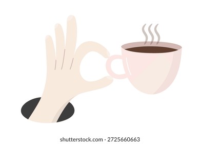 Linda ilustración de la mano que sostiene la taza de café rosa humeante con bebida caliente
