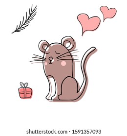 Cute illustration with a handmade mouse with a New Year s gift