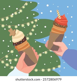 cute illustration. hands hold two trdelniks against the background of a Christmas tree. delicious winter traditional food, chimney cake