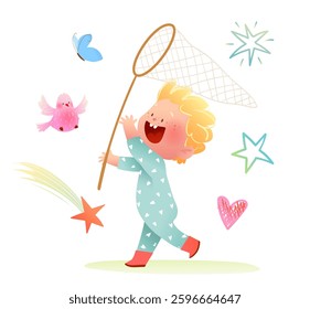 A cute illustration of a happy baby boy child run with butterfly net laughing. Bright colors scene of childhood and kindergarten, playing catching butterfly. Vector cartoon for kids.