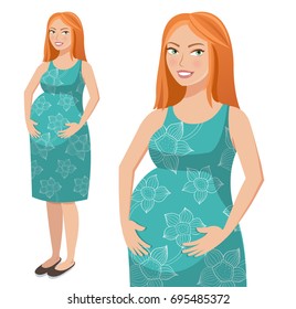 Cute illustration of a happy beautiful pregnant redhead woman in green dress. Vector illustration