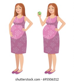 Cute illustration of a happy beautiful pregnant woman with apple. Vector illustration