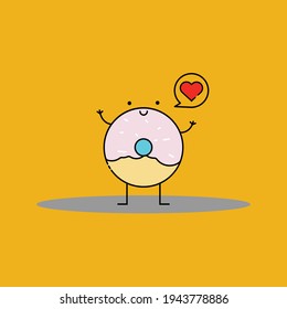 Cute Illustration of happy doughnut with love character. modern simple food vector icon, flat graphic symbol in trendy flat design style, children wallpaper cartoon set.