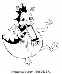 Cute illustration of a happy dragon with camera. Black and white drawing. Coloring book.