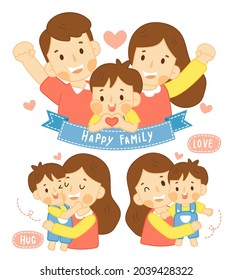 Cute Illustration Of A Happy Family, Mother Father And Son Hugging.