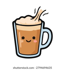 Cute illustration of a happy latte coffee mug with frothy cream perfect for cafe branding or playful designs