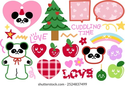 Cute illustration of happy panda, party hat, Christmas tree, apple, heart, rainbow, flower, star for festive decoration, cartoon character, comic, mascot, animal, zoo, souvenir shop, plush toy, doll