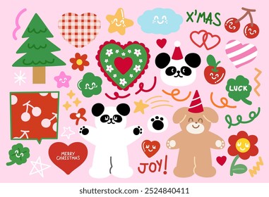 Ilustração bonita de panda feliz, cachorrinho, árvore de Natal, cereja, coração, flor, Cartas de Natal alegres para decoração festiva, personagem de desenho animado, cômico, mascote, animal, loja de lembrança, brinquedo de pelúcia, boneca