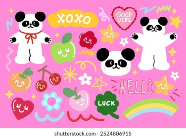 Cute illustration of happy panda, rainbow, apple, orange, cherry, heart, star, clover leaf, good vibe letters for animal, zoo, souvenir shop, sticker, cartoon character, comic, mascot, patch, brooch